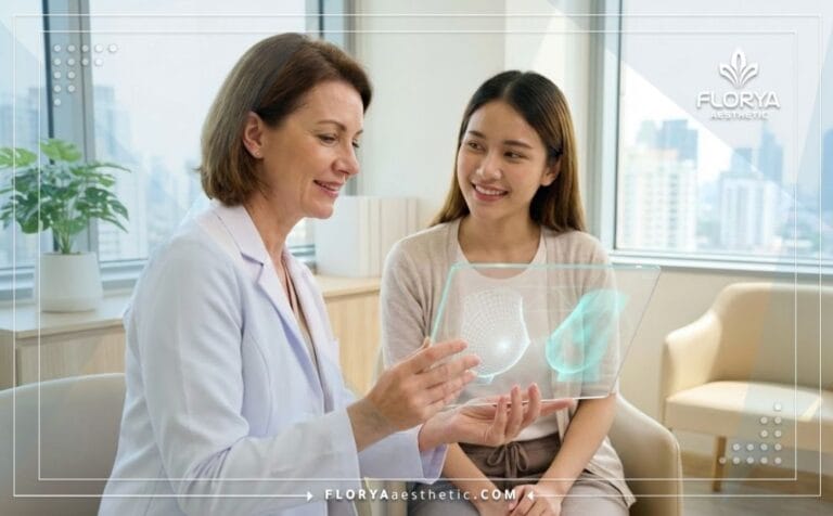 Doctor profesional planificando Estética Mamaria en Turquía en una tablet con paciente.