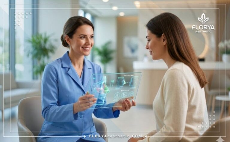 Doctor explicando las Ventajas de la Rinoplastia en Turquía con tableta