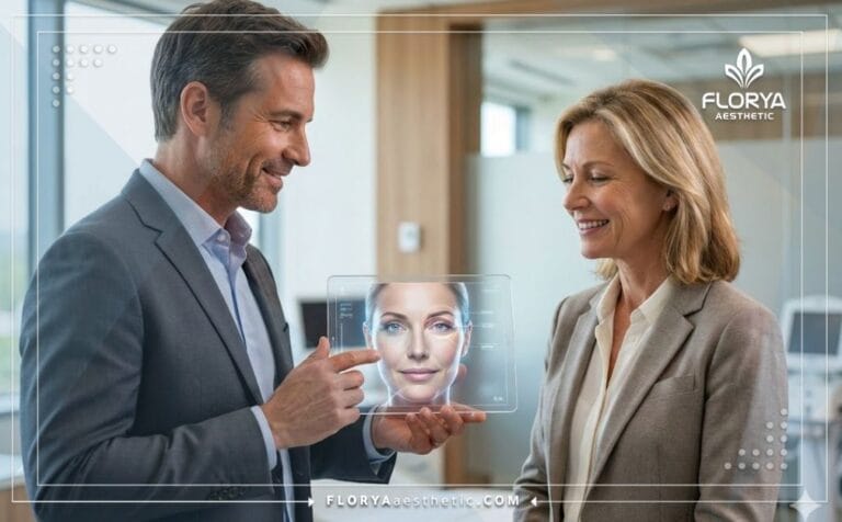 Doctor mostrando el plan digital de Blefaroplastia en Turquía en una tablet.