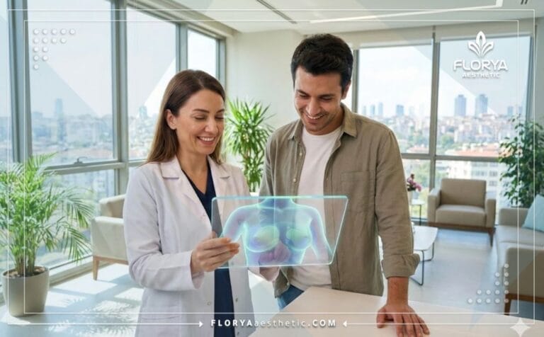 Doctor profesional mostrando el plan de Estética Mamaria en Turquía en una tablet futurista.