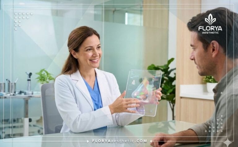 Doctor discussing Bulbous Nose Rhinoplasty Risks in Turkey using digital tablet.