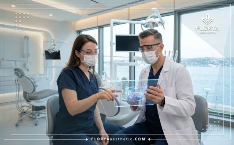Dentista profesional usando una tableta digital para planificar un tratamiento de odontología estética en Turquía para un paciente.