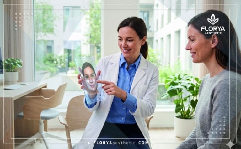 Doctor discussing Facial Plastic Surgery Risks in Turkey using digital planning tech.