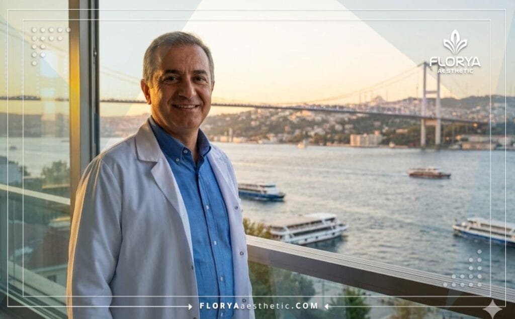 طبيب تجميل مبتسم يرحب بالمرضى في إسطنبول مع خلفية البوسفور