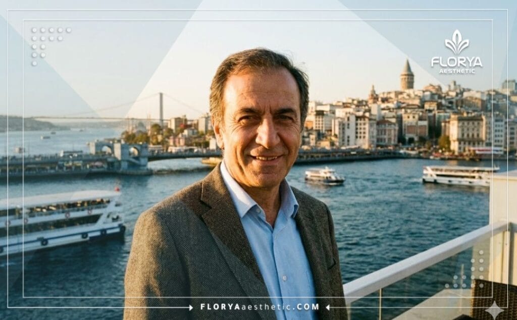 Дружелюбный доктор в Стамбуле приглашает на блефаропластику на фоне города.