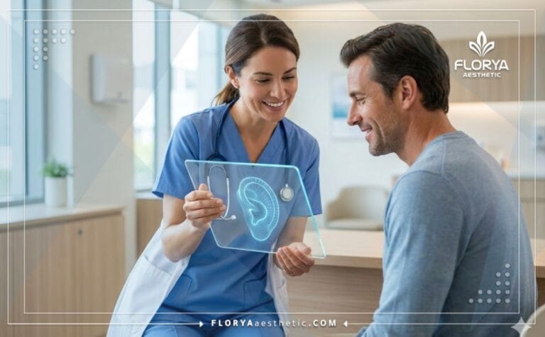 Doctor especialista mostrando el plan digital de Otoplastia en Turquía.