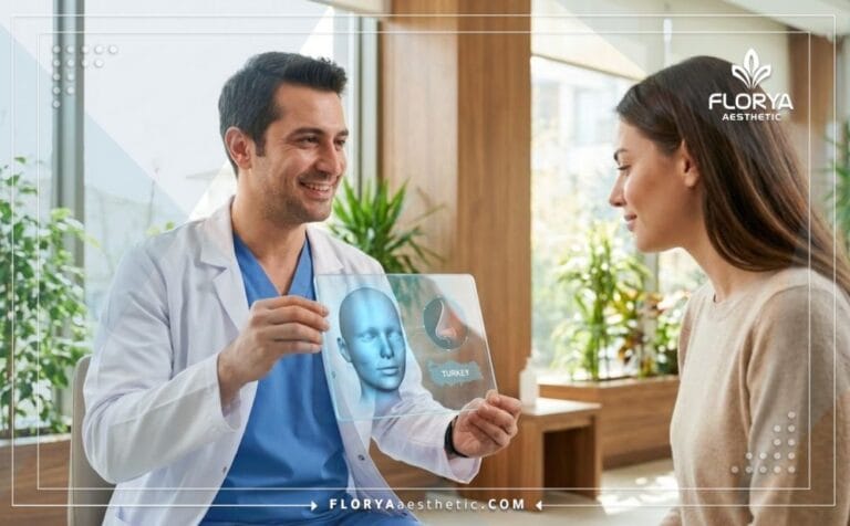 Doctor profesional mostrando el plan digital para Rinoplastia en Turquía.