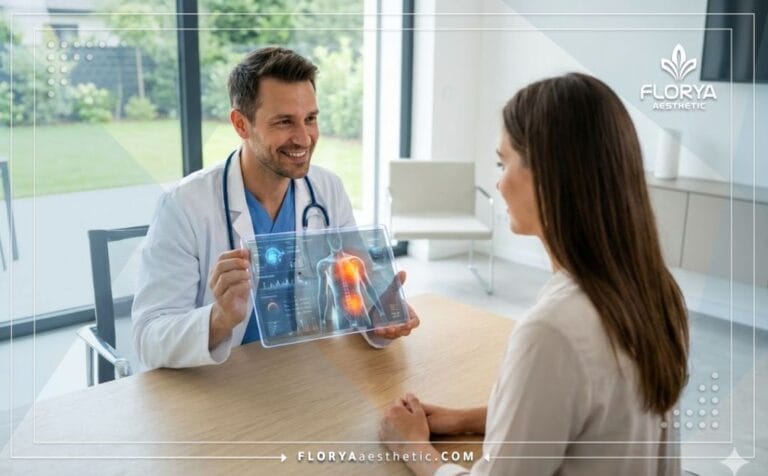 Doctor explaining 360 Body Sculpting Risks in Turkey using high-tech digital tablet