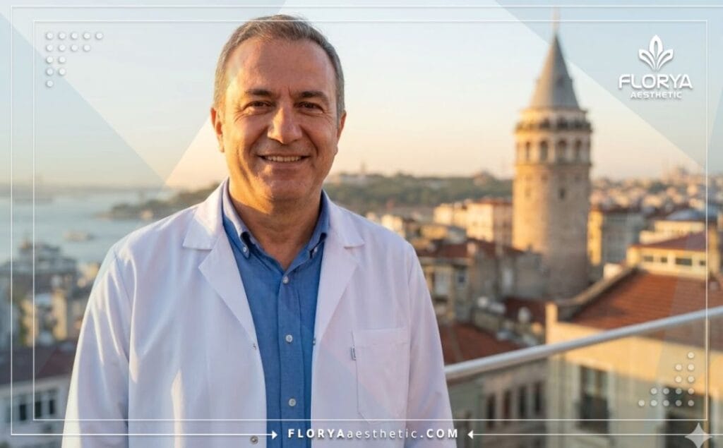 طبيب تجميل مبتسم يرحب بالمرضى في اسطنبول مع خلفية البوسفور.