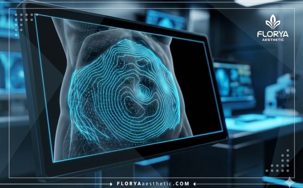 High-tech 3D topographical scan of the abdominal area showing precision planning.
