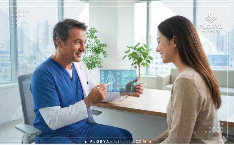 طبيب يشرح تكلفة شفط دهون البطن في تركيا للمريض باستخدام تابلت متطور