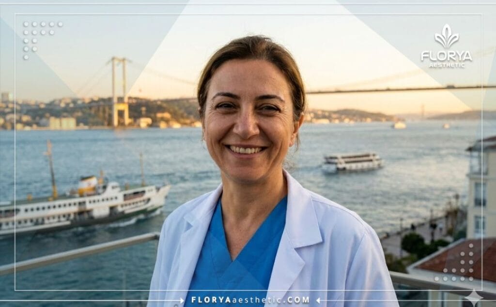 Docteur accueillant à Istanbul avec vue sur le Bosphore pour chirurgie mammaire.