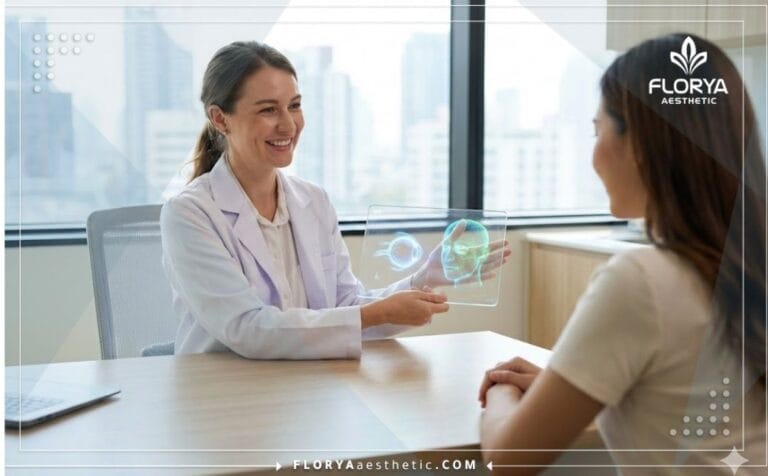 طبيب يشرح ميزات توسيع العيون في تركيا للمريض باستخدام تابلت شفاف حديث.