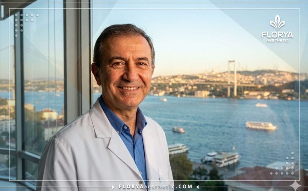طبيب تجميل ودود يرحب بالمرضى في اسطنبول مع خلفية البوسفور.