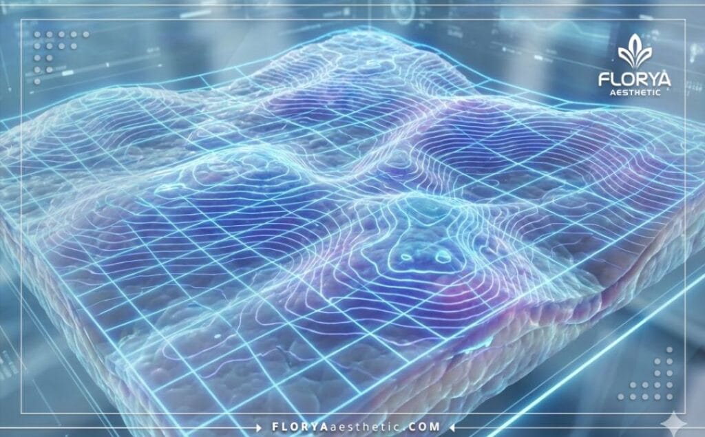 Visualización macro 3D de las capas de grasa y piel para lipo láser.