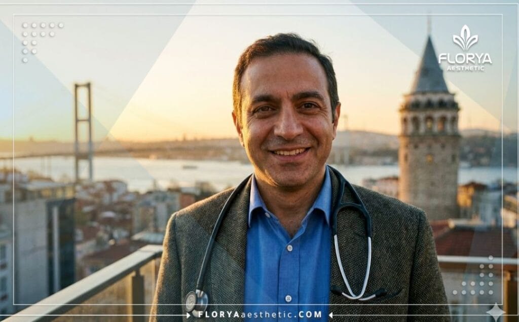طبيب تجميل مبتسم يرحب بالمرضى في اسطنبول مع خلفية البوسفور.