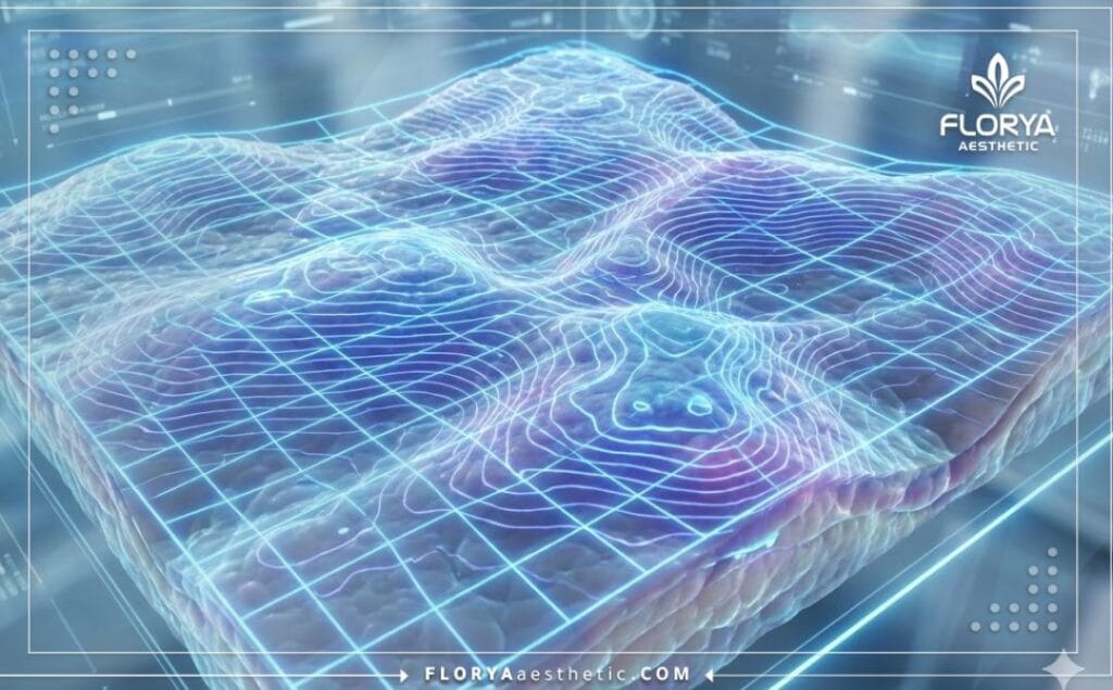 مسح ضوئي ثلاثي الأبعاد يظهر طبقات الدهون وشد الجلد بتقنية الليزر.