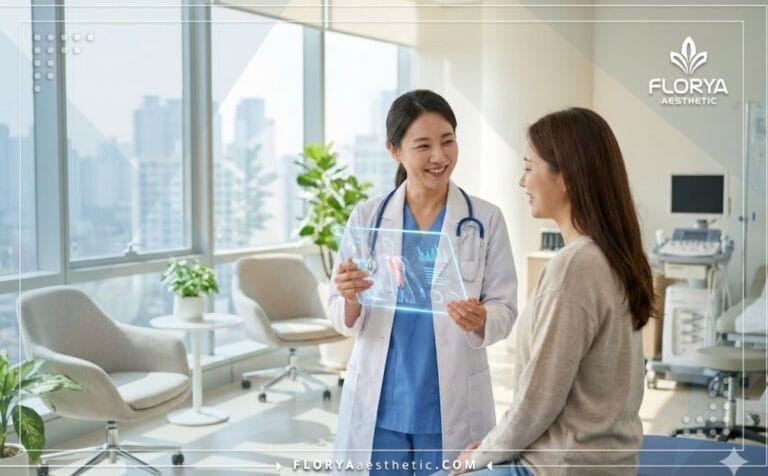 Doctor explicando las Ventajas de la Liposucción Láser en Turquía en una tablet.