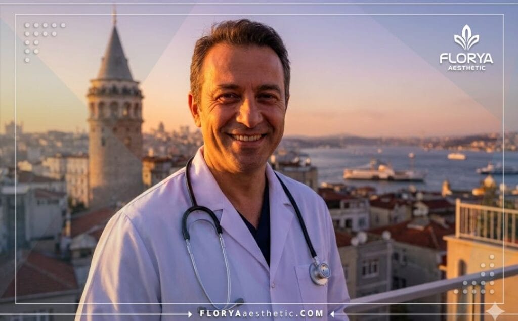 طبيب تجميل يرحب بالمرضى في إسطنبول مع خلفية البوسفور