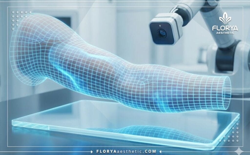 مسح ضوئي ثلاثي الأبعاد يوضح تشريح منطقة الذراع بدقة عالية.