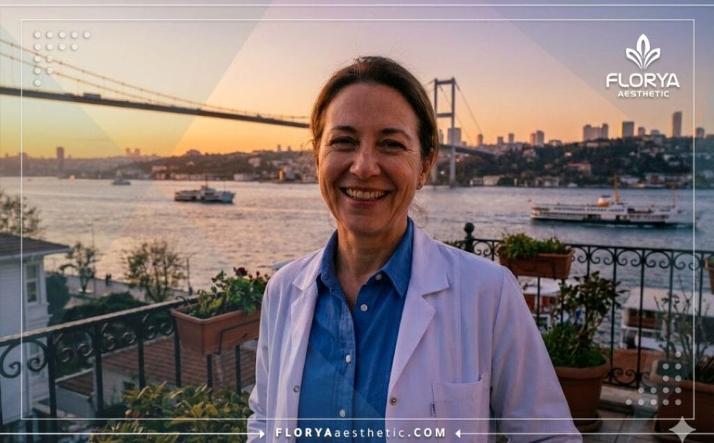 طبيب تجميل ودود يرحب بالمرضى في إسطنبول مع خلفية البوسفور.