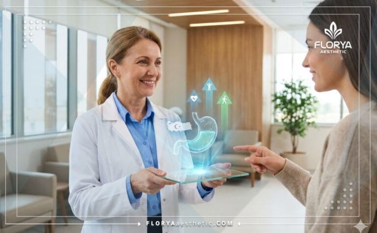 Doctor demonstrating Benefits of Gastric Bypass in Turkey on a digital tablet.