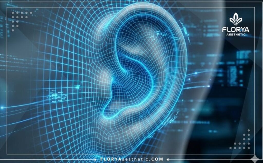 مسح ثلاثي الأبعاد دقيق لمنطقة الأذن يوضح تقنيات تصحيح بروز الأذن بدقة عالية.