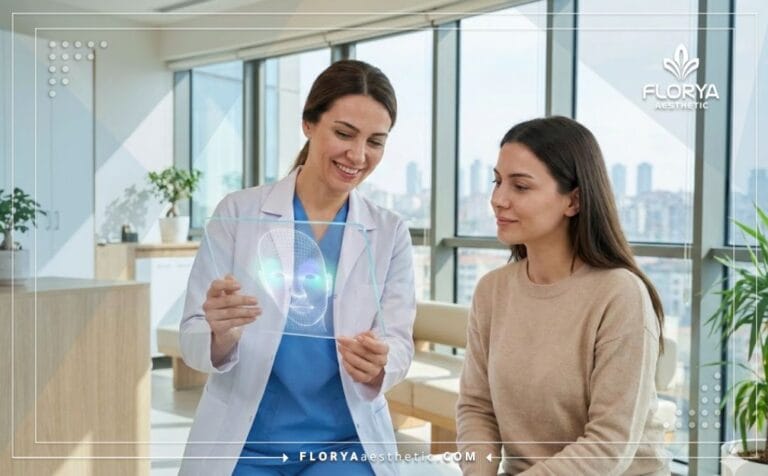 Médico explicando el tratamiento de Bótox alrededor de los ojos en Turquía