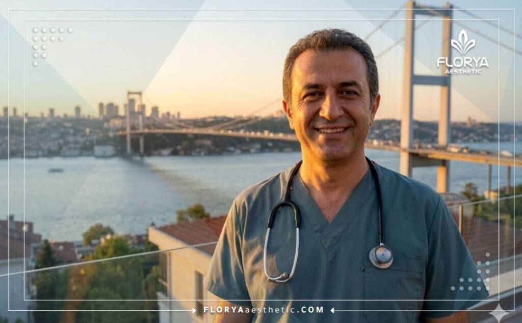 طبيب تجميل بابتسامة ترحيبية مع جسر البوسفور في إسطنبول بالخلفية