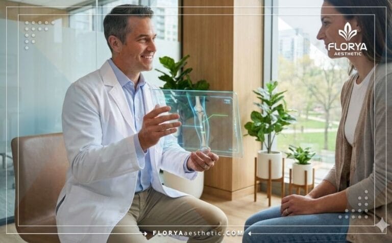 Professional doctor planning Bow Legs Correction using a futuristic digital tablet