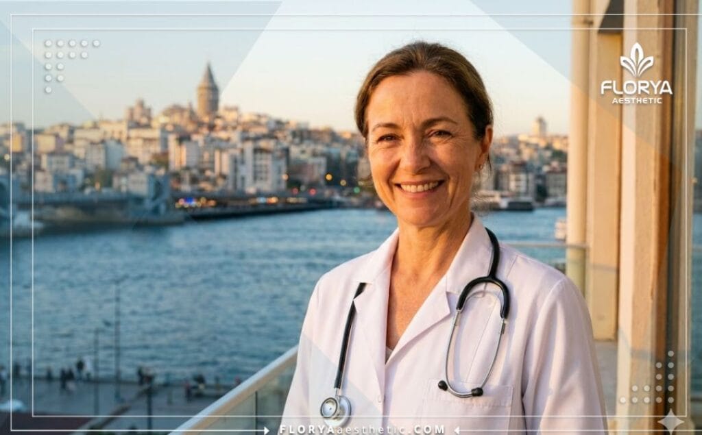 Улыбающийся врач на фоне Галатской башни в Стамбуле.