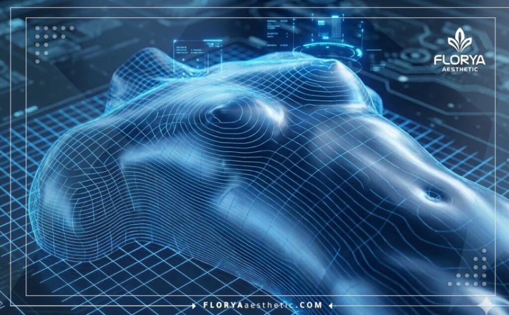 High-tech 3D topographic mesh scan visualizing the breast lift planning area