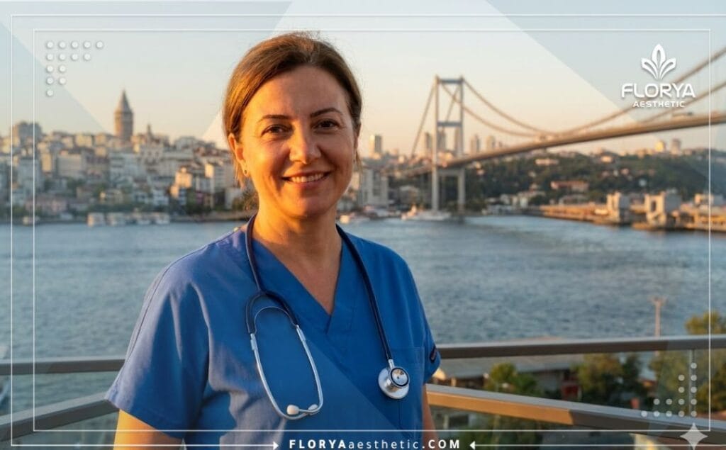 طبيب تجميل ودود يرحب بالمرضى في اسطنبول مع خلفية البوسفور
