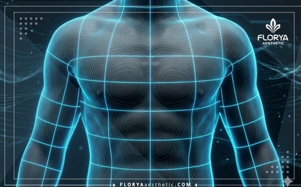 Escaneo 3D macro de la zona pectoral masculina con malla tecnológica para precisión.