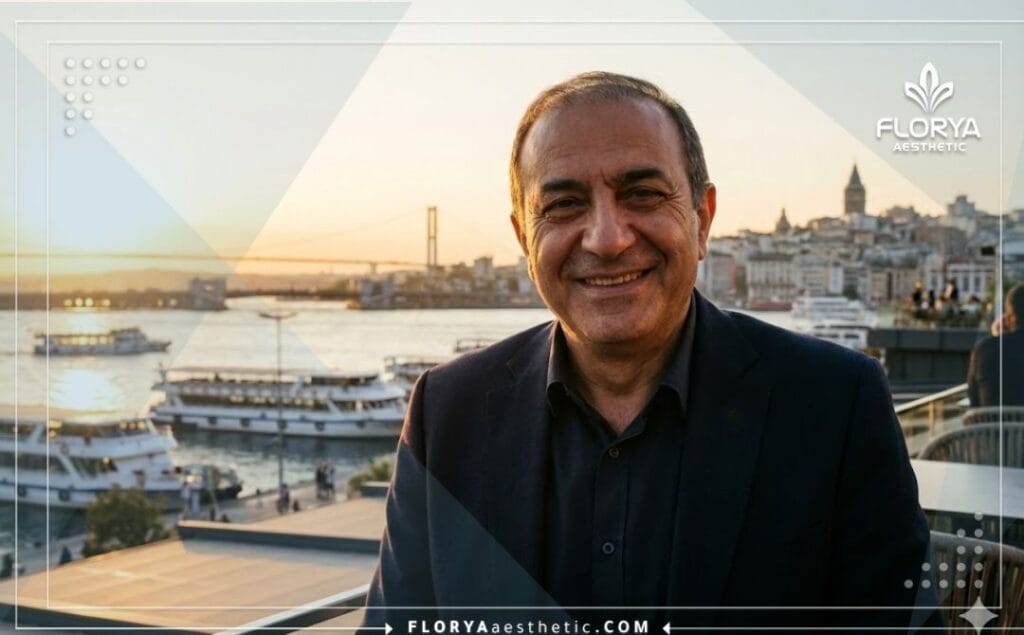 Cirujano amable dando la bienvenida a pacientes en Estambul con vista panorámica.