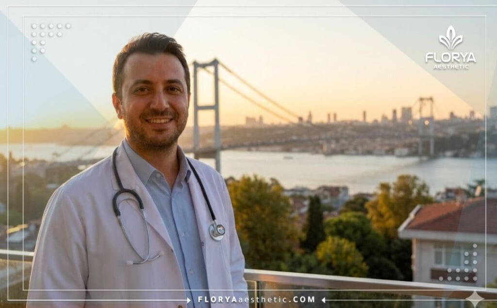 Friendly doctor standing in front of the Bosphorus Bridge inviting patients for Breast Reduction Cost.