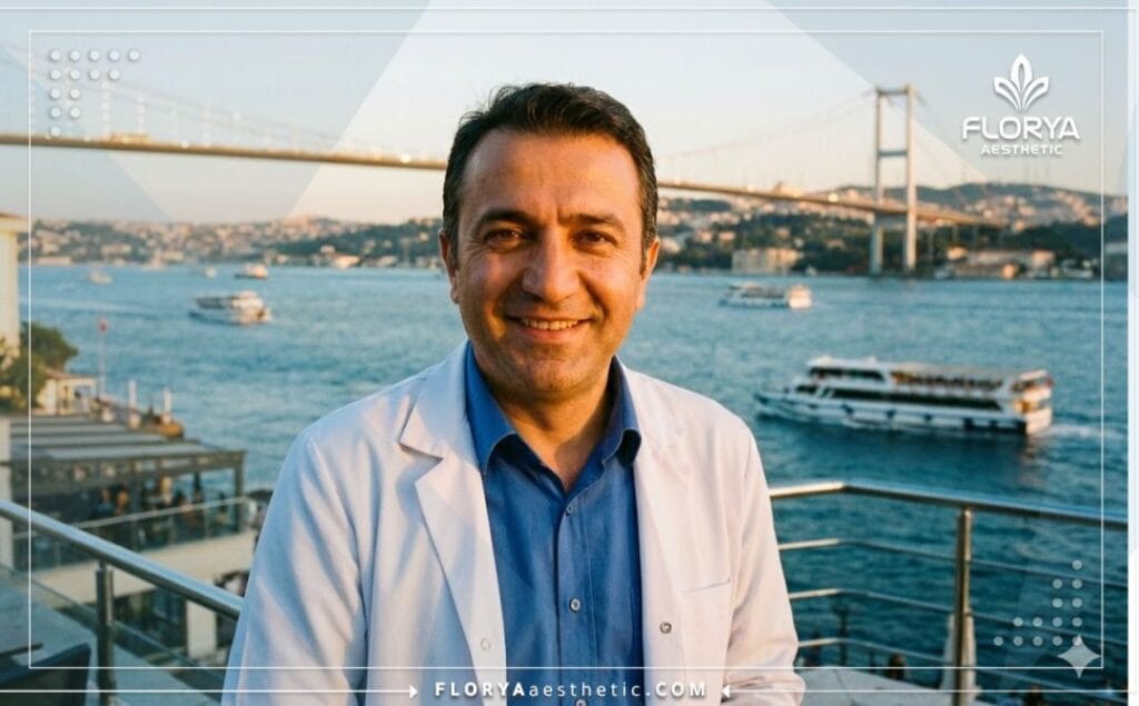 Cirujano plástico en Estambul con la Torre de Gálata al fondo.