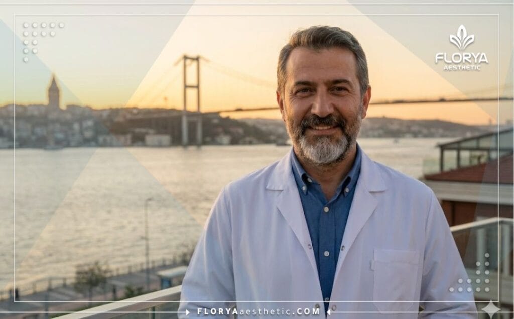 دكتور تجميل مبتسم يرحب بالمرضى في اسطنبول مع خلفية البوسفور.
