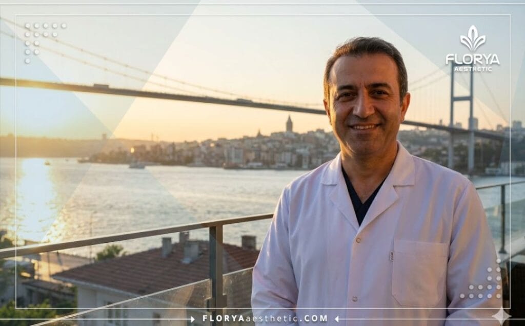 طبيب تجميل مبتسم في اسطنبول مع خلفية البوسفور