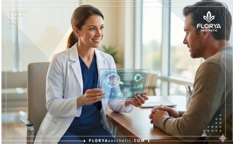 طبيب يشرح مخاطر توسيع العيون في تركيا للمريض باستخدام تابلت شفاف