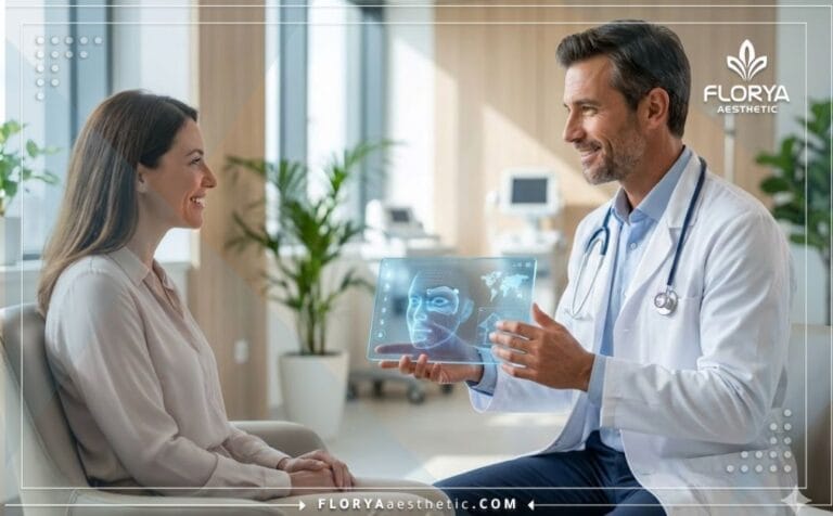 طبيب يشرح ميزات توسيع العيون في تركيا للمريض باستخدام تابلت شفاف حديث.