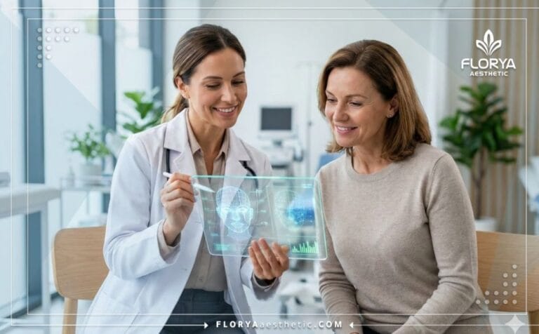 طبيب يشرح الفرق بين الجراحة التجميلية والترميمية للمريض باستخدام جهاز لوحي متطور.