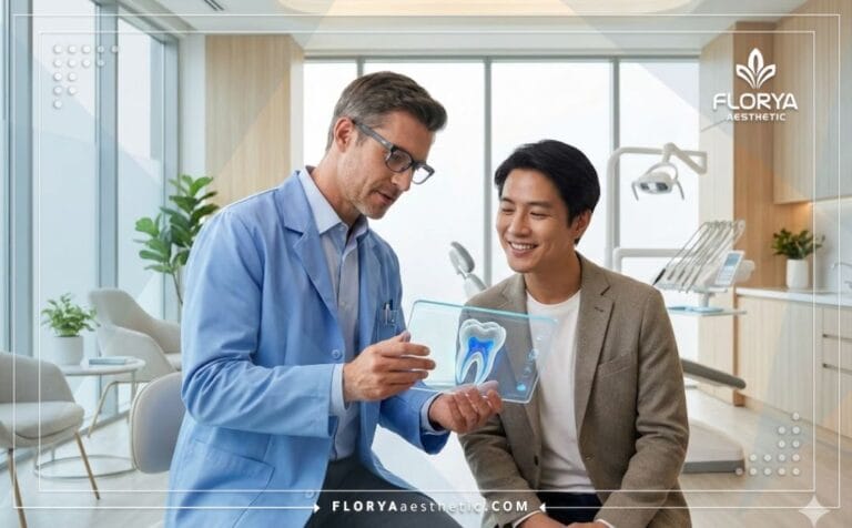 Professional doctor discussing Dental Fillings Risks in Turkey using digital tablet technology.