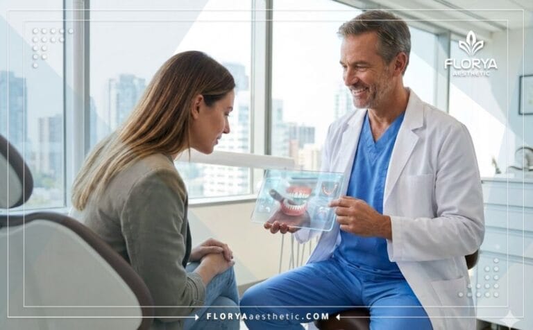 Professional doctor explaining Dental Veneers Risks in Turkey using digital technology.