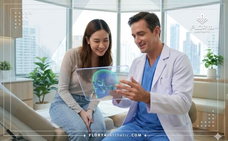 Professional doctor planning Facial Bone Contouring on a digital tablet