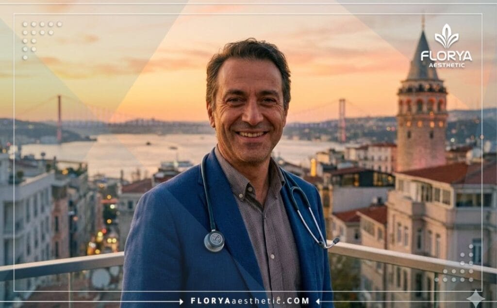 Friendly surgeon in Istanbul with Bosphorus view welcoming patients.