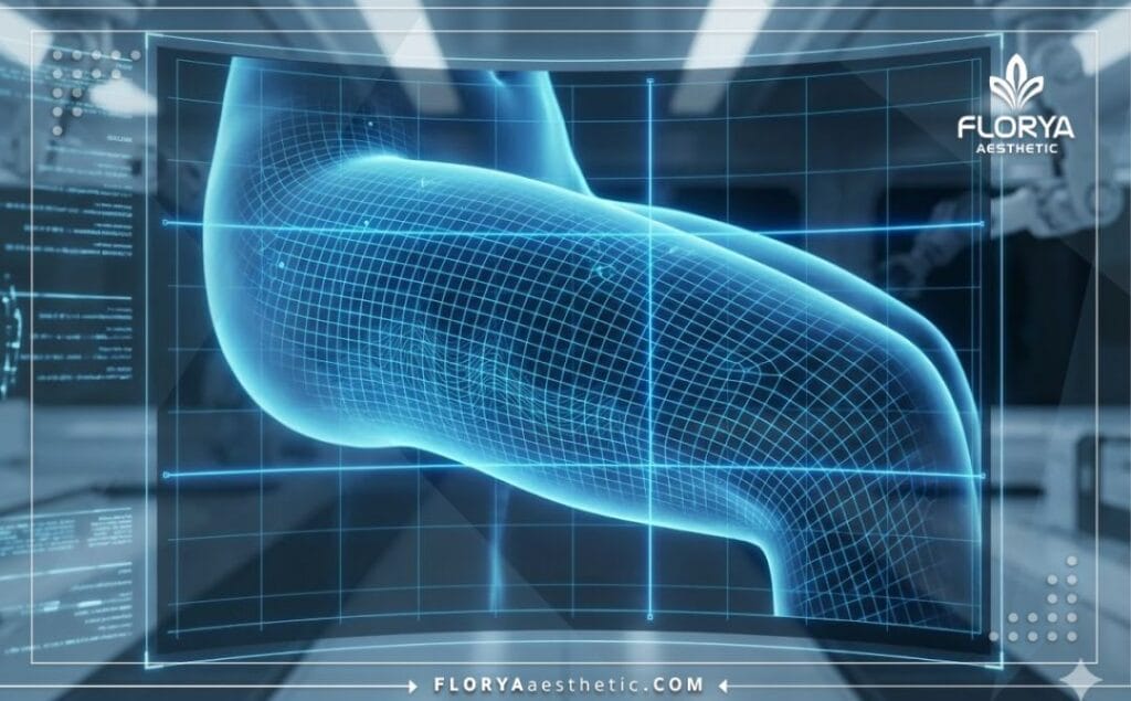 Escaneo 3D macro de alta tecnología enfocado en la anatomía del muslo con malla láser.