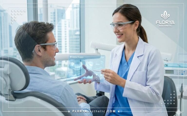 Professional doctor discussing Features of Dental Fillings in Turkey using a digital tablet.