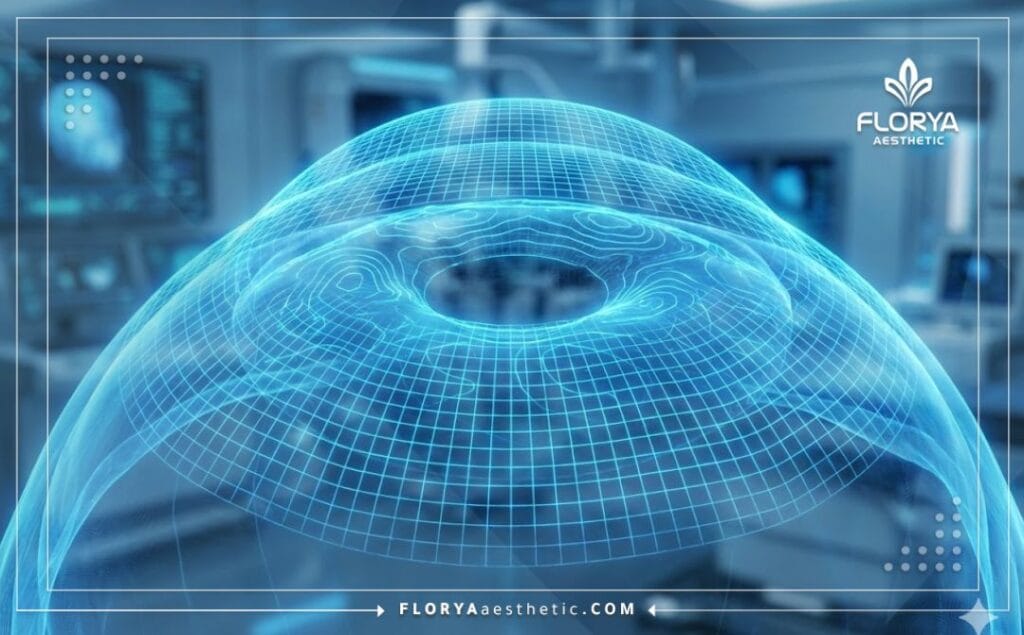 تصميم رقمي ثلاثي الأبعاد لقرنية العين يوضح دقة تقنية الفيمتو ليزك