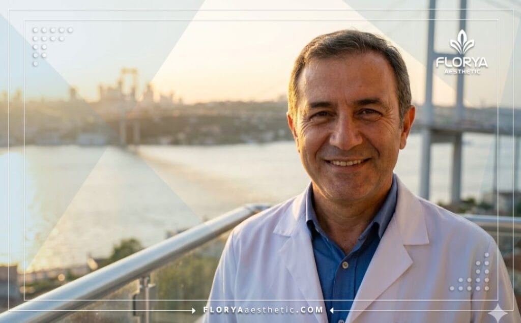 طبيب عيون يرحب بالمرضى في اسطنبول مع خلفية جسر البوسفور الشهير